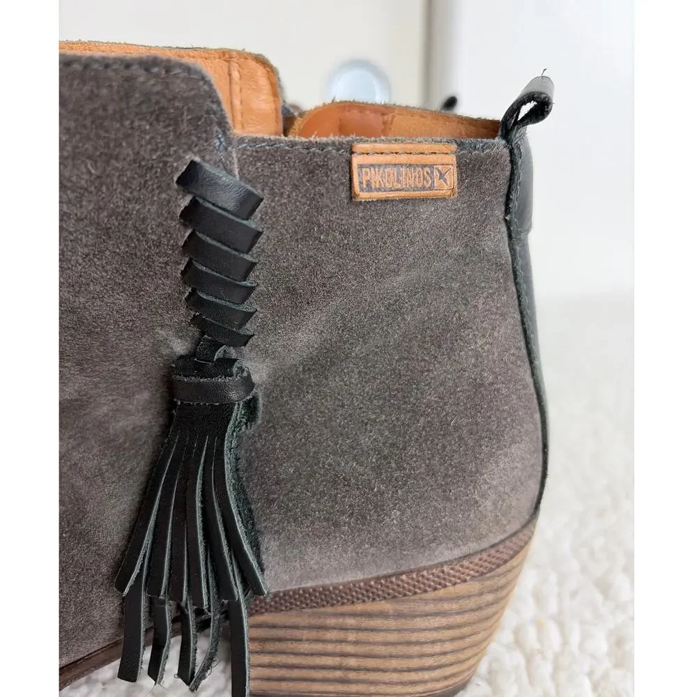 Pikolinos‎ Womens Grey Suede Booties Size 40 9.5 Baqueira Block Heel Tassel